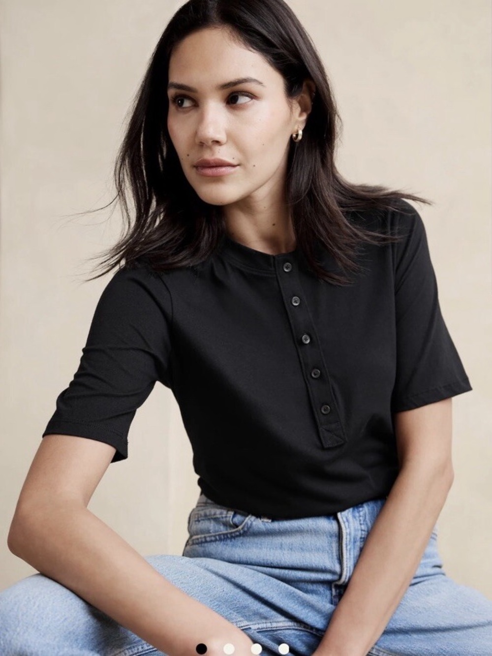 NWOT Banana Republic Women Cotton Elbow Sleeve Henley T-shirt NAVY Small
